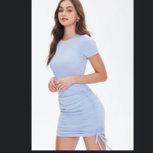 Light Blue Ribbed & Ruched Self-Tie Bodycon Dress